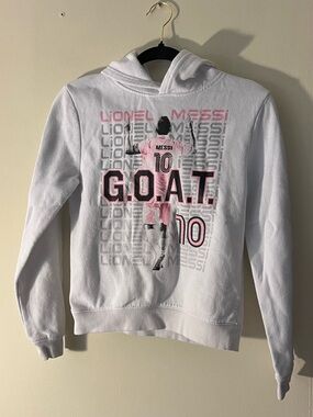 Lionel Messi G.O.A.T. Kids White Pink Hoodie Sweatshirt Size 10/12 Medium